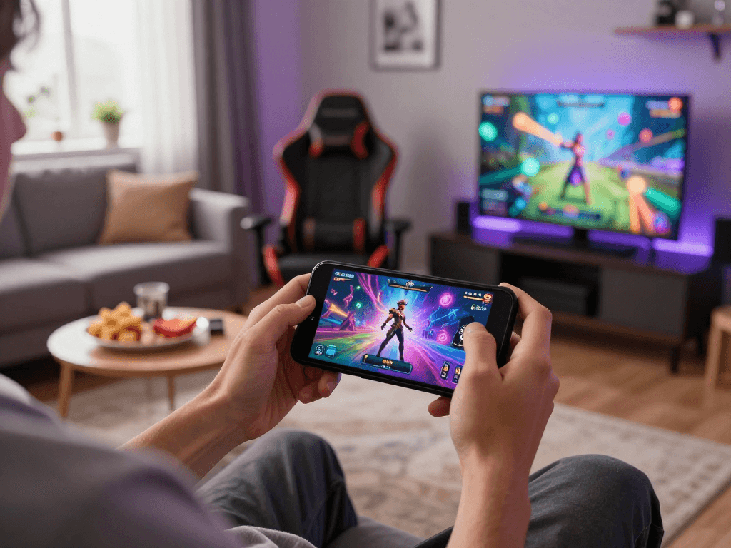 Engaging scene of a player enjoying transformation porn games on a mobile device, with vibrant graphics and an immersive atmosphere.