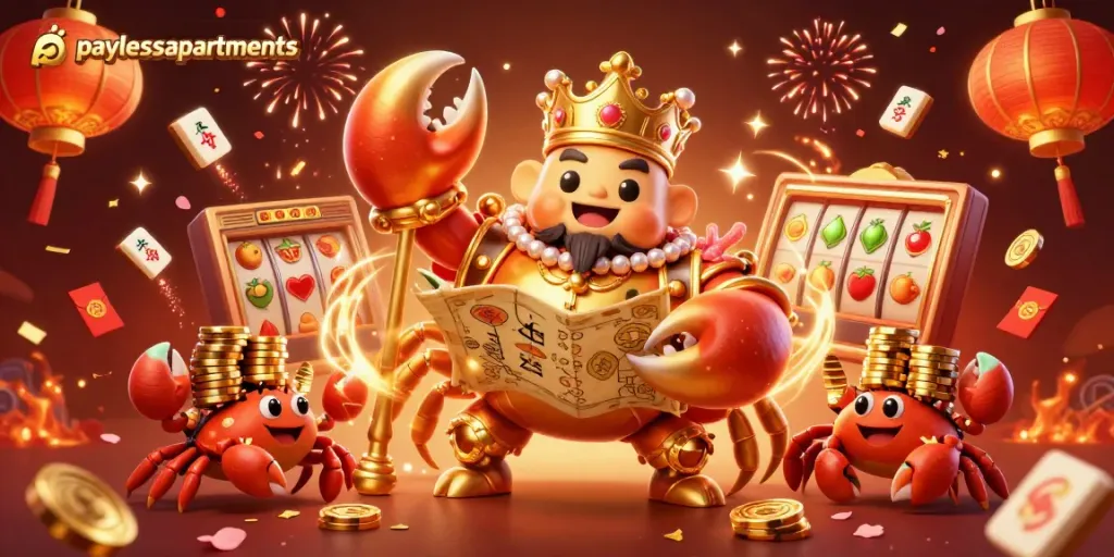 Experience thrilling wins with paylessapartments casino art featuring a golden crab emperor amid slot games.