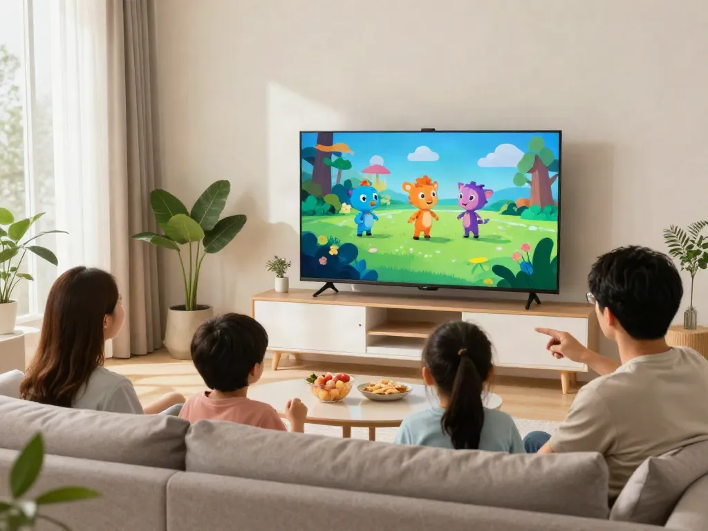 Family enjoying their favorite shows with an abbonamento iptv in a stylish living room.