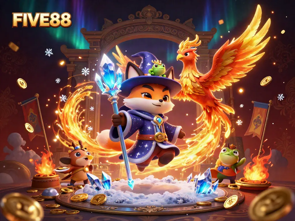 Experience thrilling gameplay at FIVE88 with this vibrant 3D casino scene filled with action and energy.