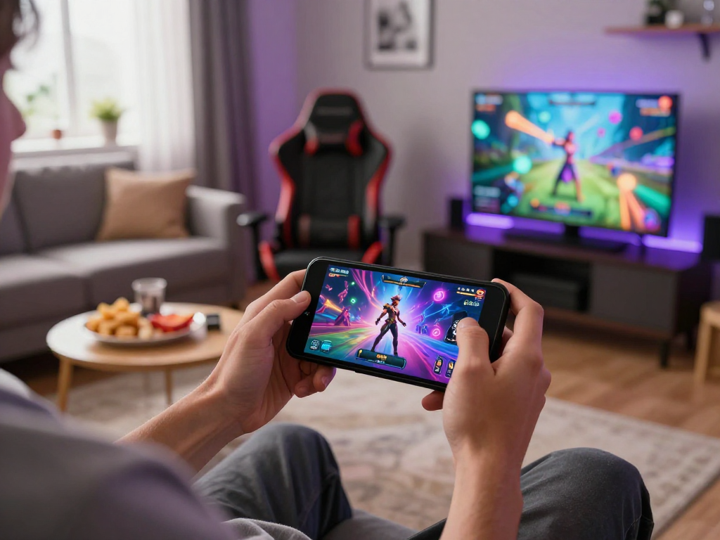 Engaging scene of a player enjoying transformation porn games on a mobile device, with vibrant graphics and an immersive atmosphere.