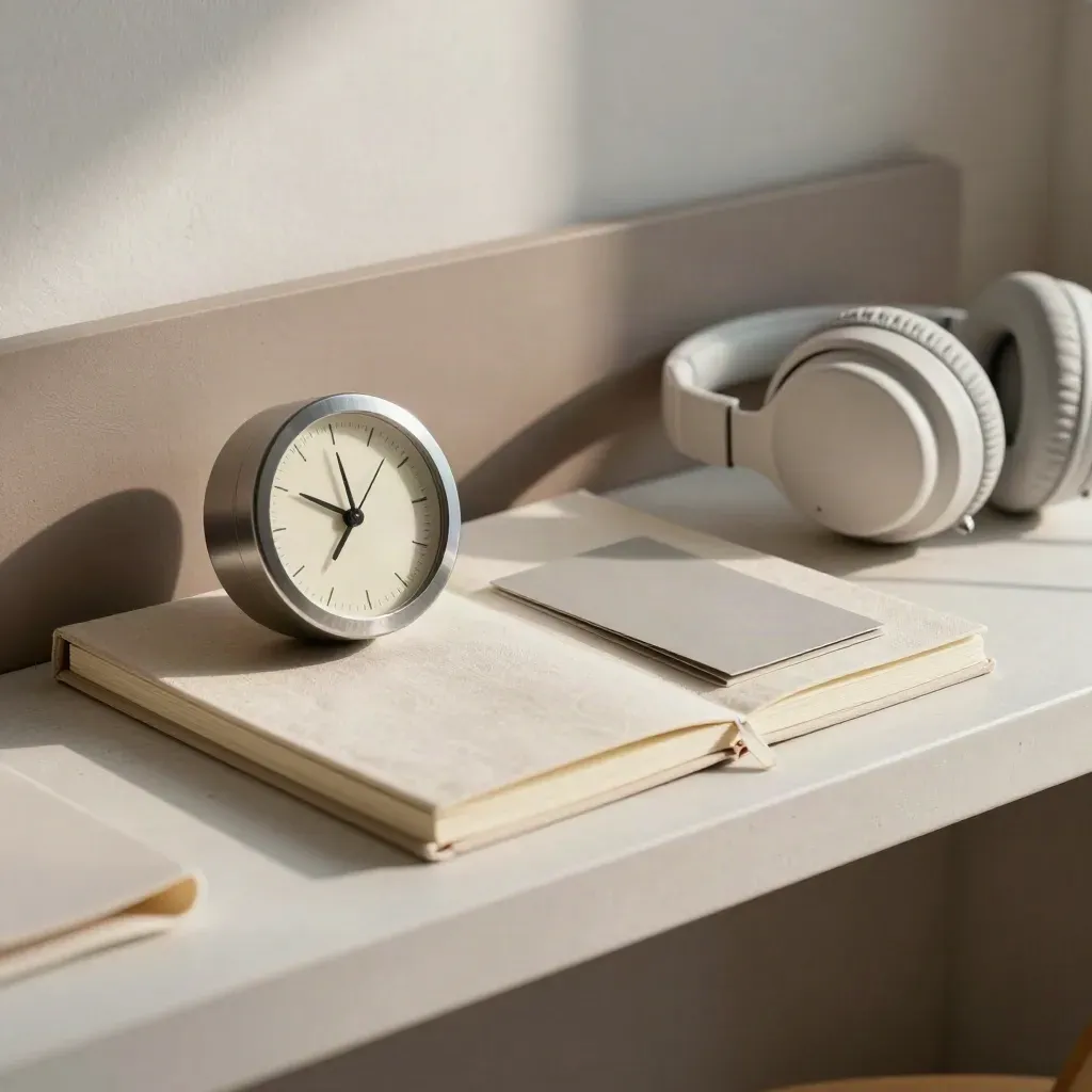 Kit per coaching colloqui su mensola in plaster con timer, taccuino chiuso e cuffia
