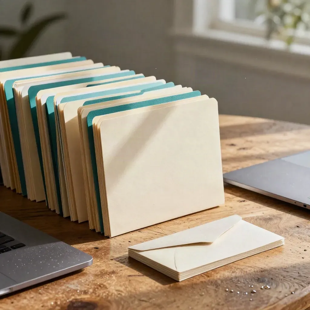 Set recruiting con cartelline avorio, divisori teal e laptop chiuso su legno caldo.