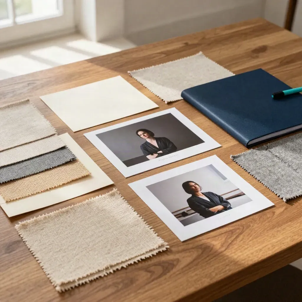 Moodboard recruiting su tavolo di legno con campioni di carta, tessuti neutri e cartella brand chiusa.
