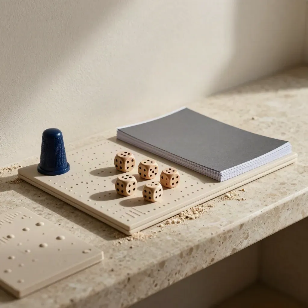 Kit di assessment competenze con tessere tattili, dadi di legno e schede capovolte su travertino.