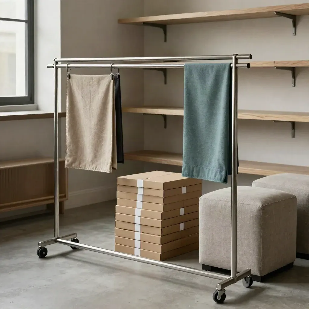 Corner retail pronto con rail campionari, scatole sigillate e sedute vuote.