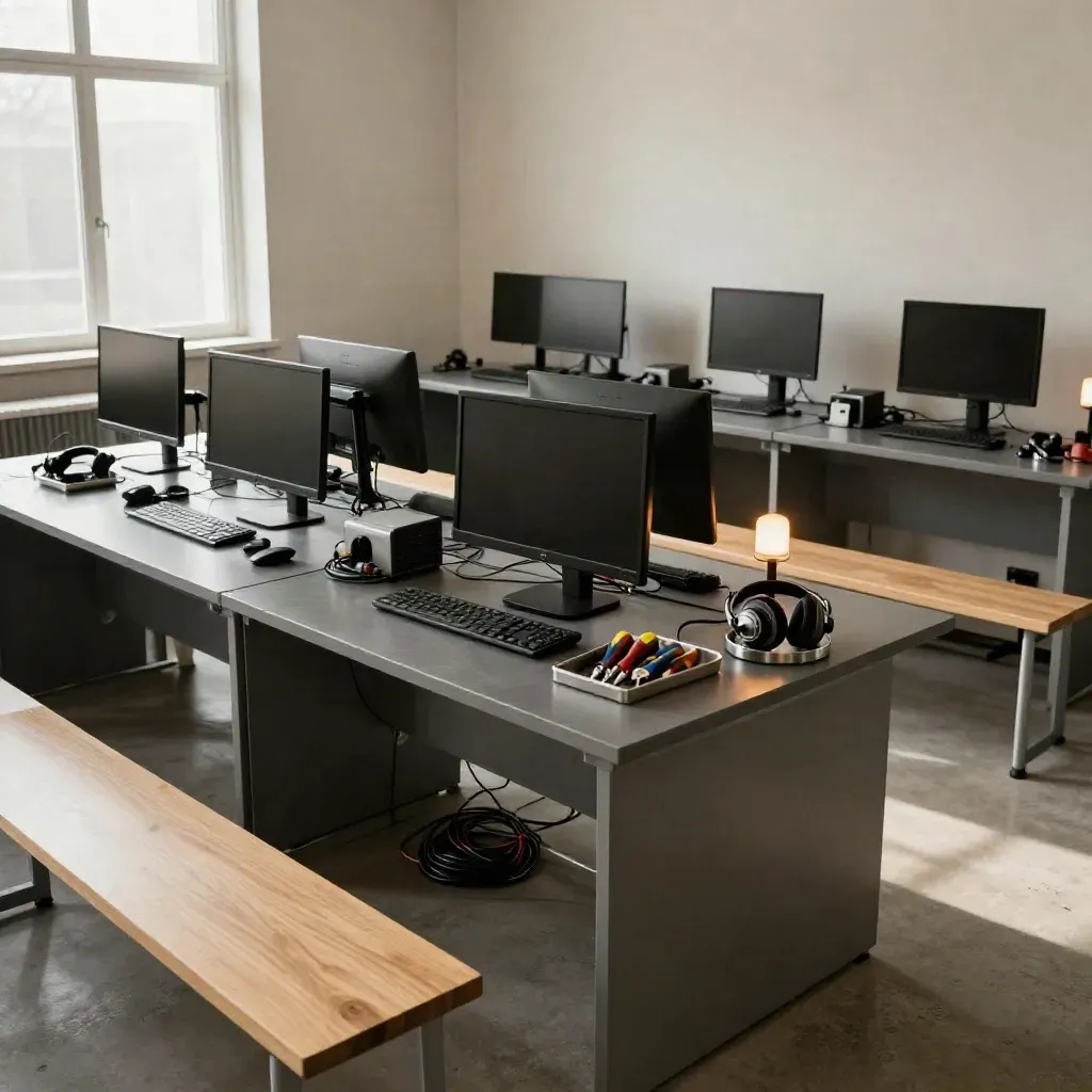 Reparto tecnico completato con tre postazioni nuove, cavi nascosti e strumenti ordinati.
