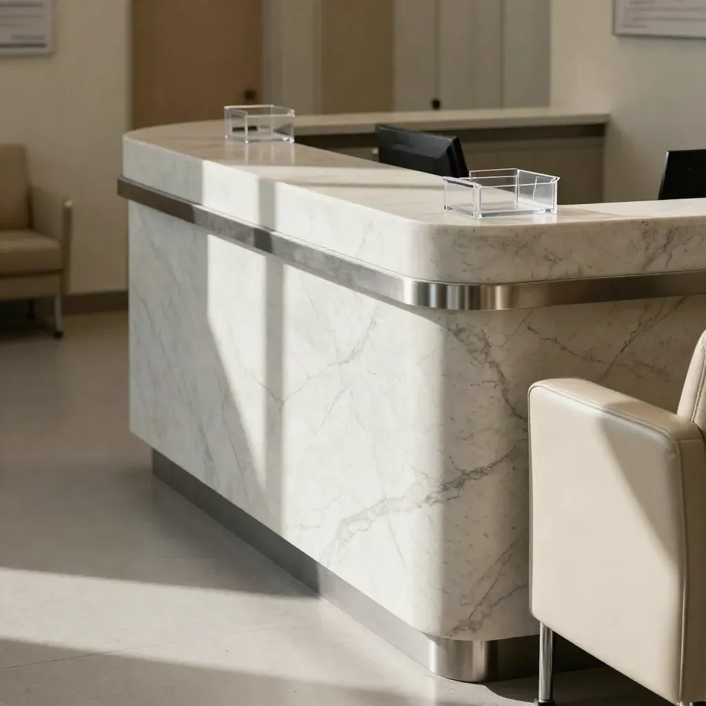 Macro di un front desk medico in pietra, vassoi ordinati, pelle chiara e luce clinica.