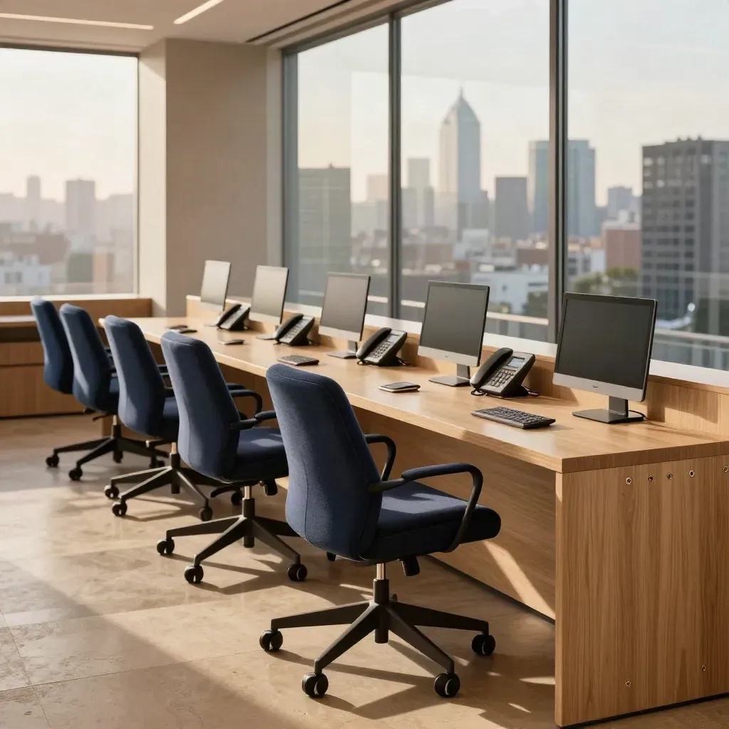 Area sales pronta con sedie blu notte allineate, telefoni dockati e vetrate con skyline sfocato.