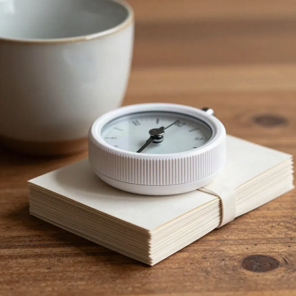 Kit di career coaching con timer, schede piegate, elastico e tazza su legno.