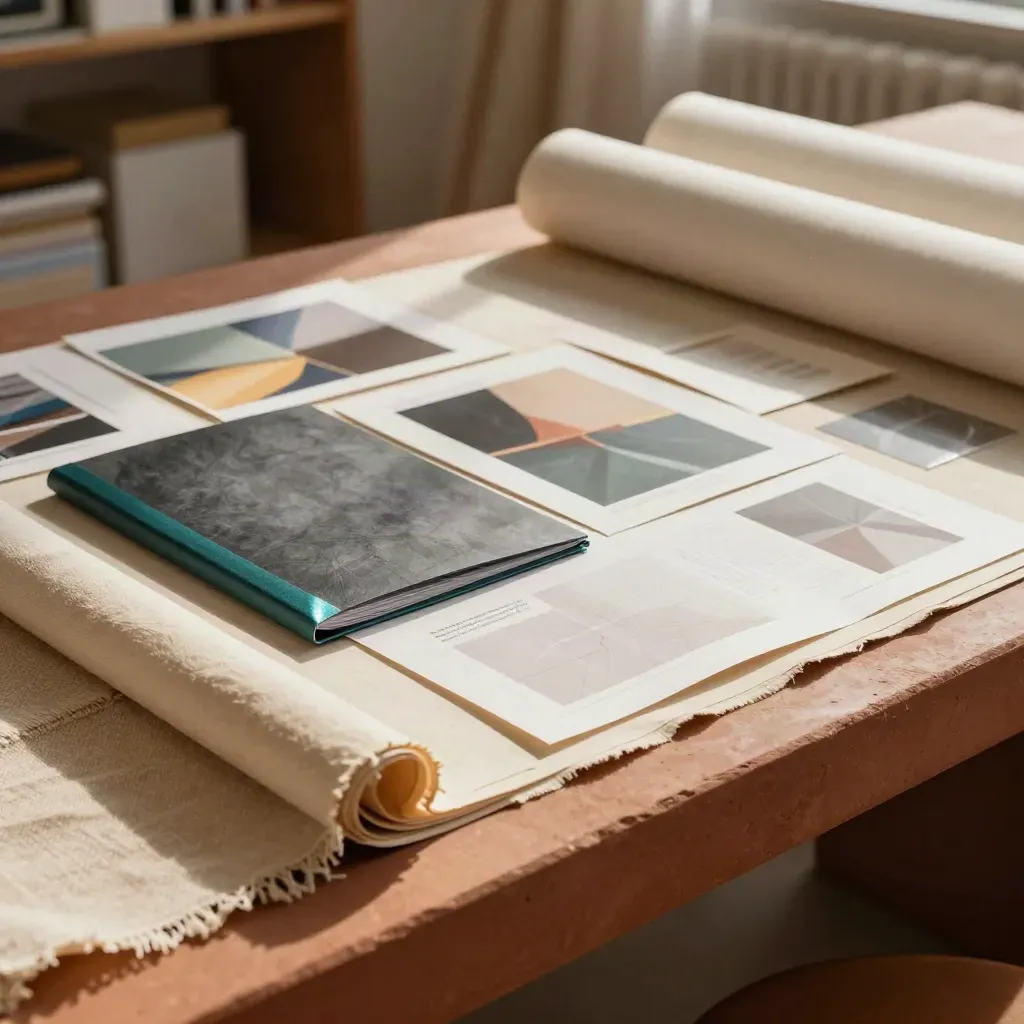 Kit di employer branding con carte, swatch tessili e cartellina chiusa su banco in terracotta.
