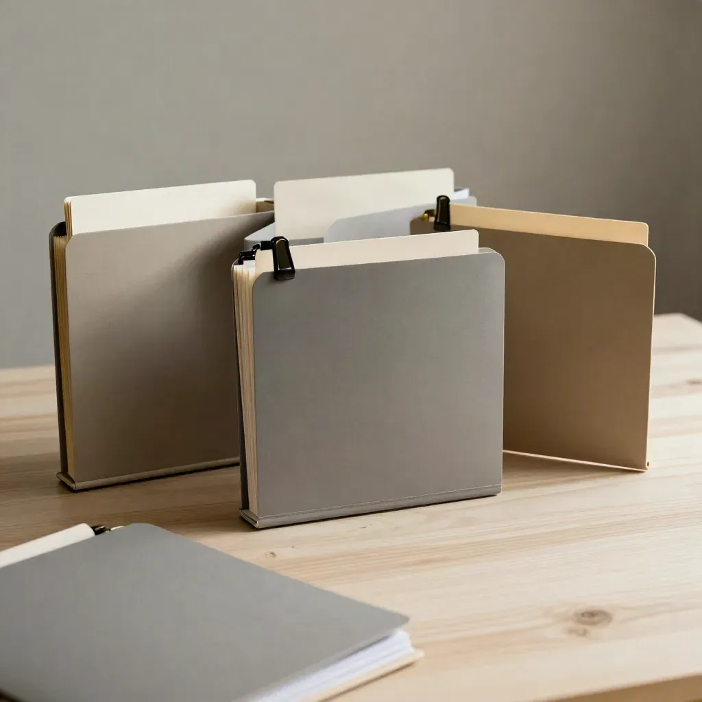 Tre cartelline filtro su legno chiaro con clip nere e scheda chiusa, luce morbida laterale.