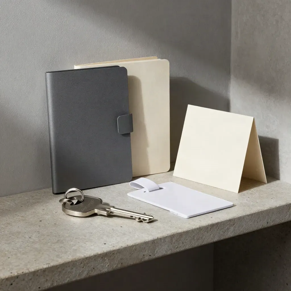 Kit di onboarding con chiave, cartella e badge su mensola in pietra, luce morbida.