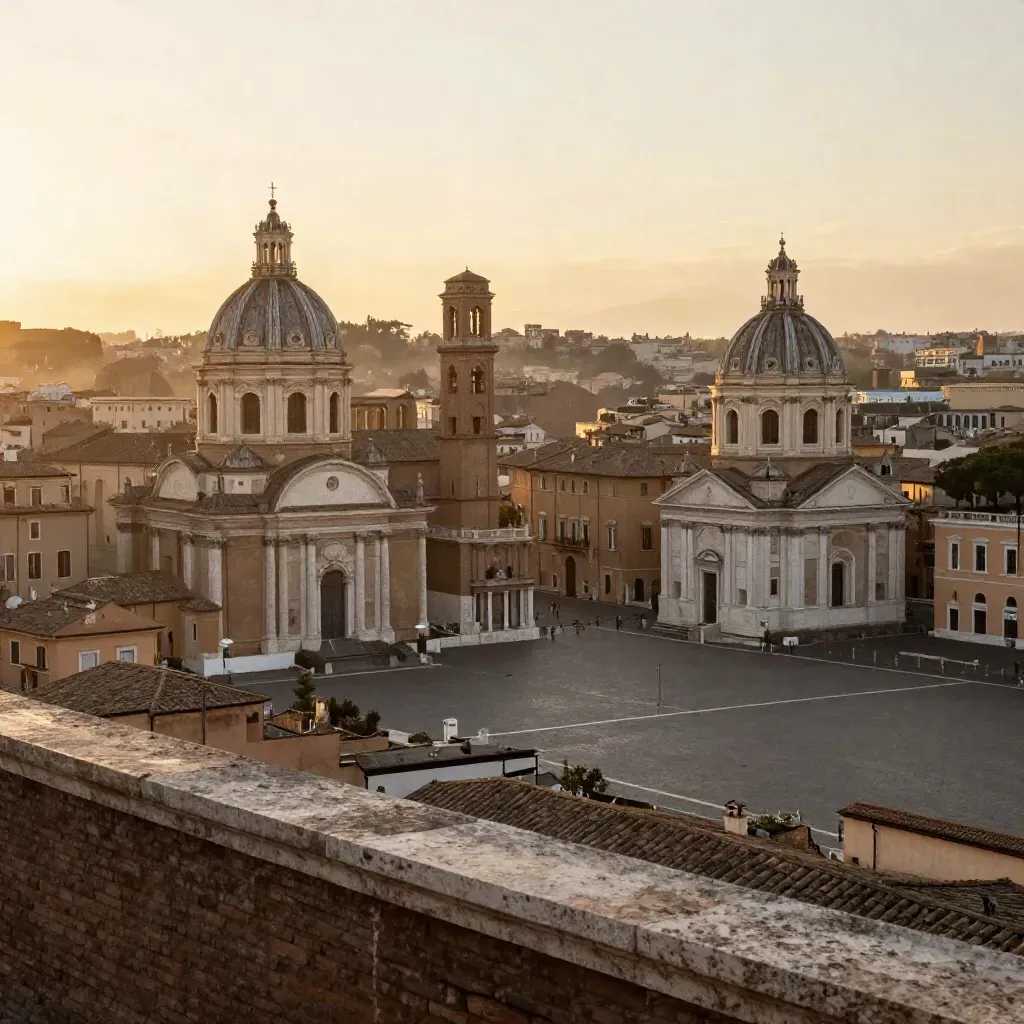 Panorama di Roma al tramonto con cupole, travertino e tetti calmi nel Lazio