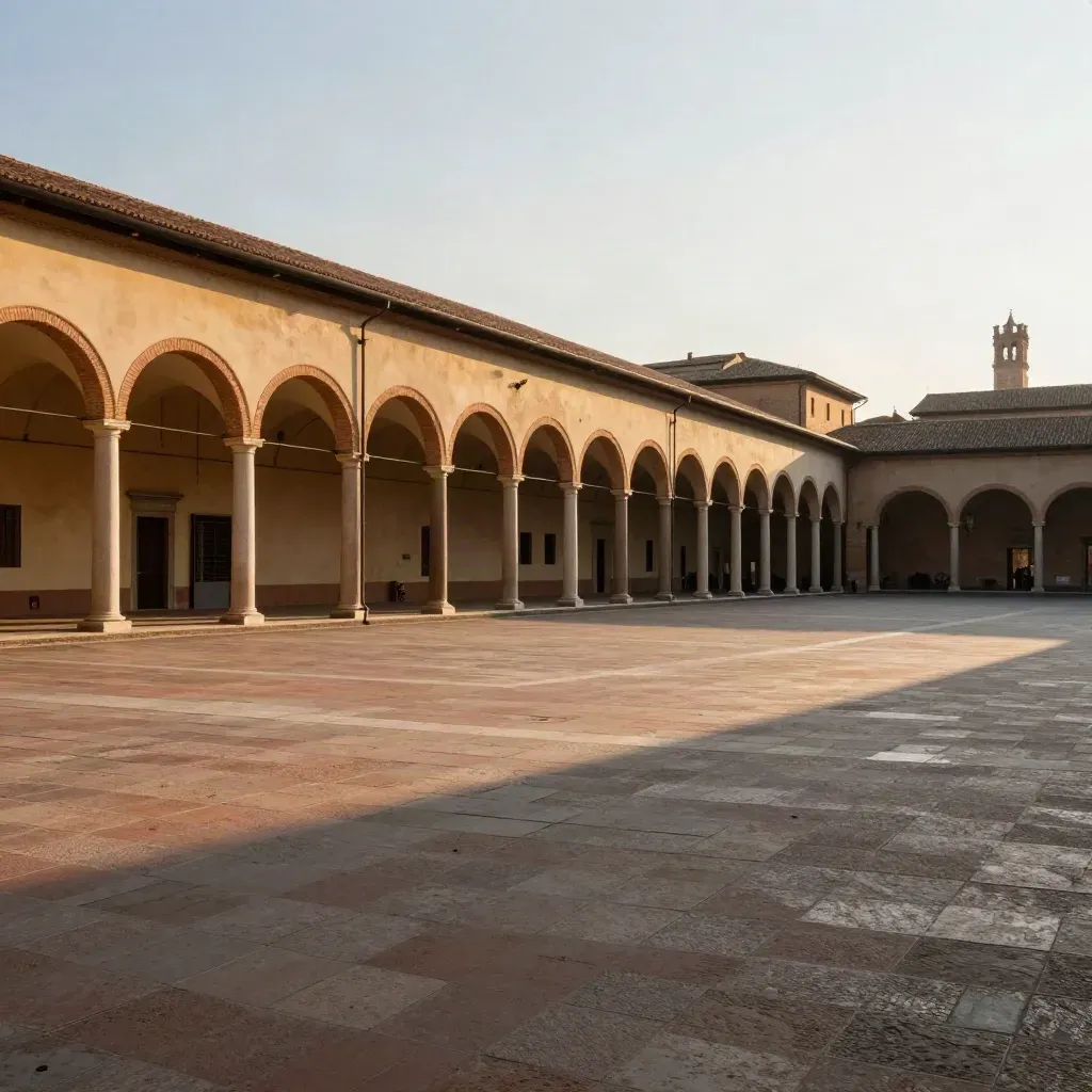 Portici di Bologna al tramonto, piazza vuota e luce dorata su pietra e mattoni.