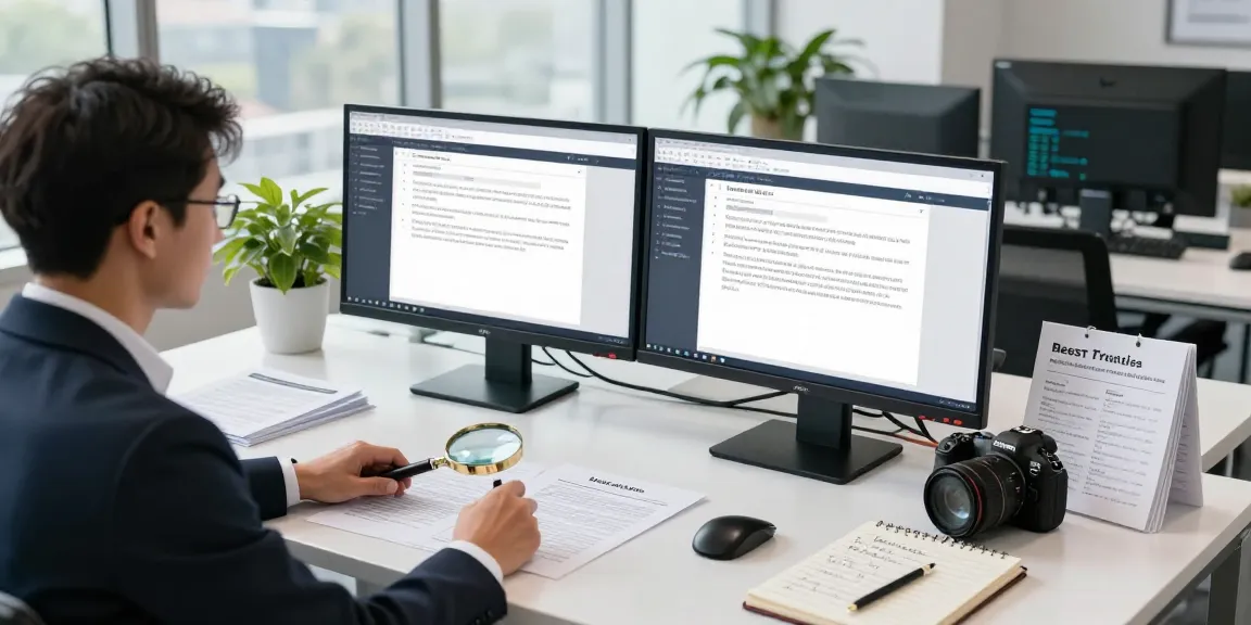 Advanced document fraud detection tools in a professional office environment, showcasing an analyst reviewing documents on dual monitors.