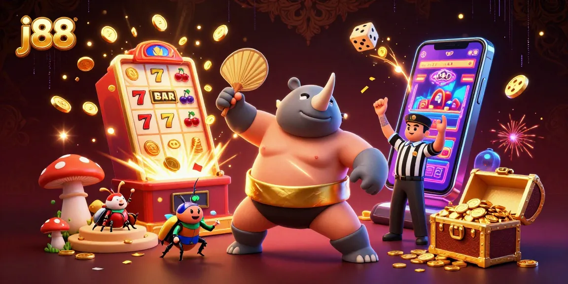 Experience thrilling j88 gameplay with a dynamic illustration of a beetle champion amidst slot machines and excitement.