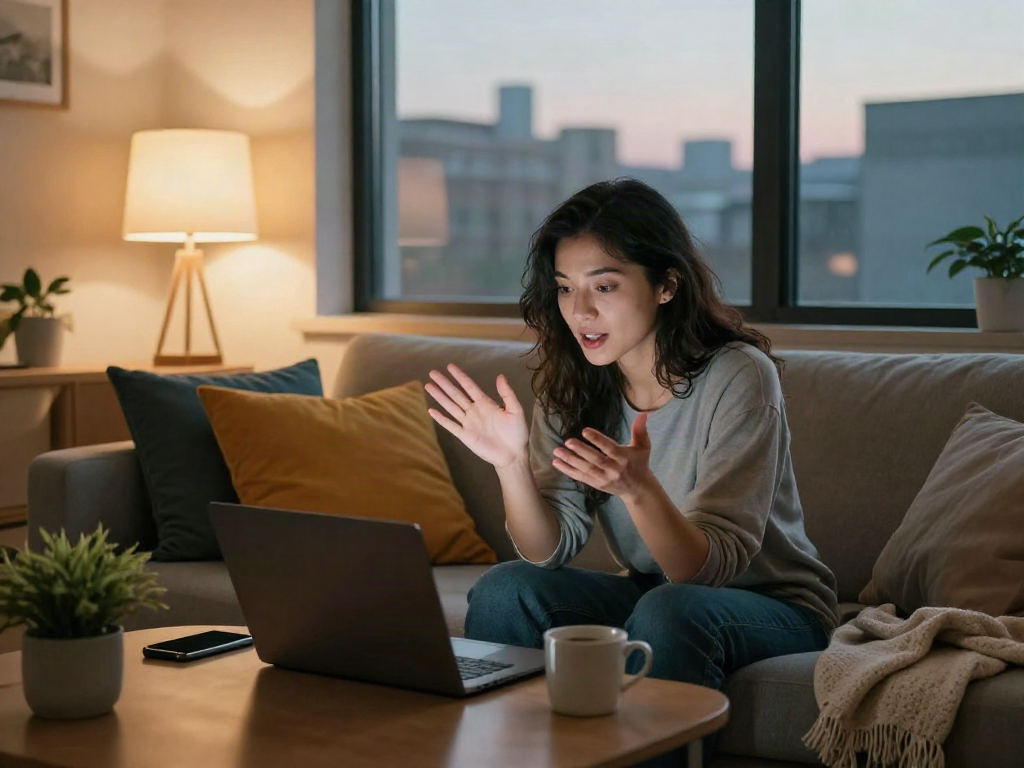 A woman enjoying a porn chat AI conversation in a cozy living room, showcasing digital intimacy and relaxation.