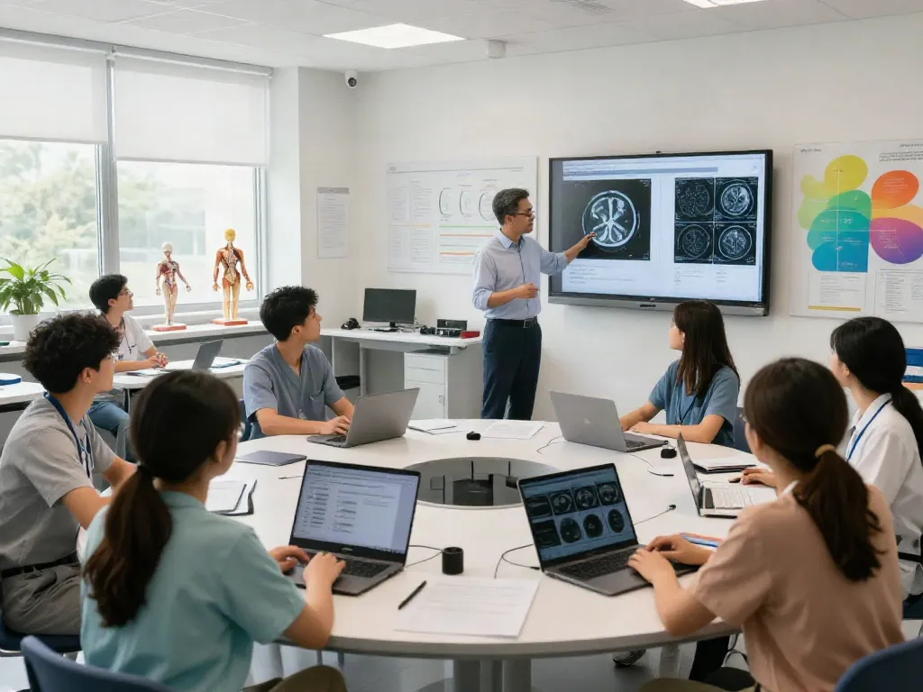 Students learning about rokok 88 and medical imaging techniques in a modern classroom.