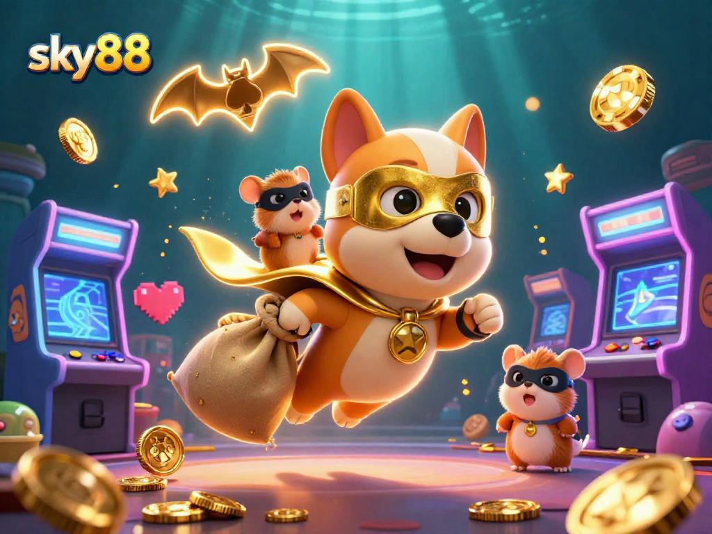 Engage in thrilling games at sky88 with cartoon superhero dog and sidekick in a casino-themed adventure.
